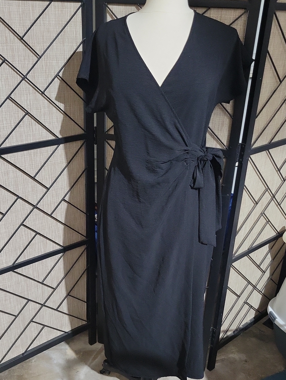 Women's Black Wrap Midi Dress with Side Tie